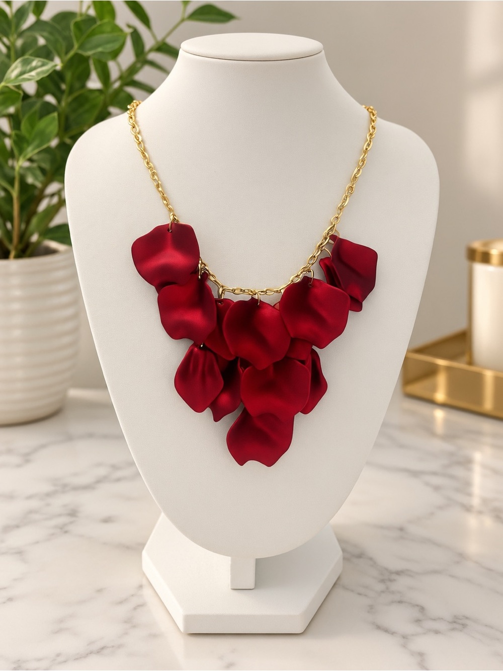 Elegant Red Petal Statement Necklace - Gold Chain